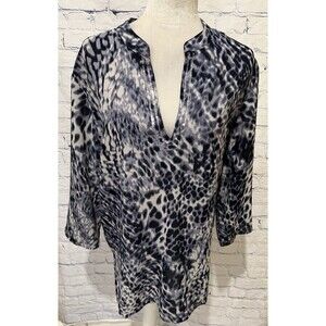 Chicos Blue & White Print Sheer Sequin V-neck Tunic Top Blouse Size 2/L/12